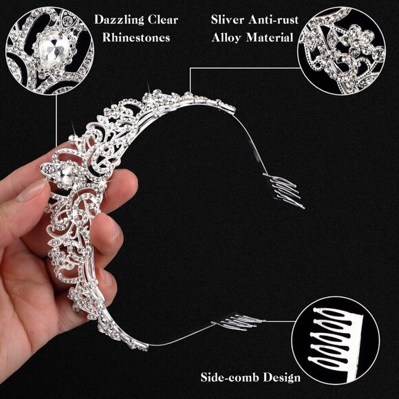 Silver Princess Tiaras 8pcs Alloy Crystal Crowns for Women Girls Wedding Party main image 8